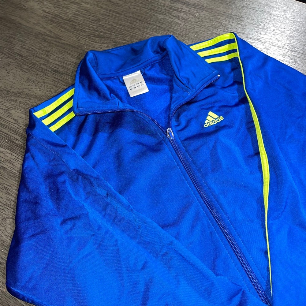 Adidas Kids Large Blue Neon Yellow Track Jacket Full Zip 3-Stripe Mock Neck